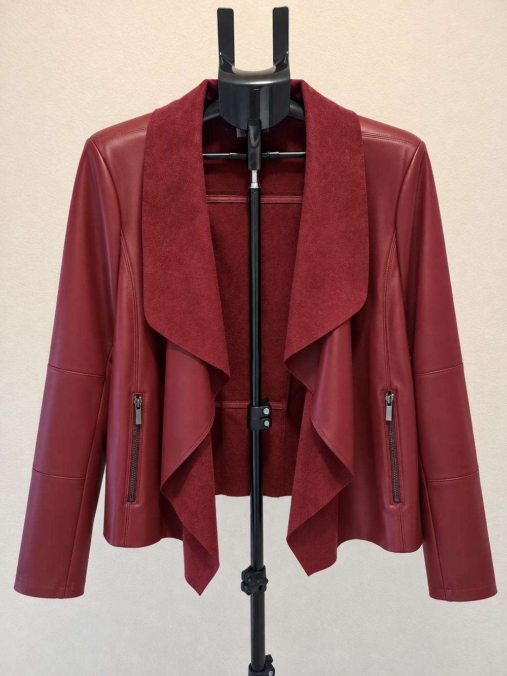 Women's Wine Red Faux Leather Draped Jacket with Suede-Look Shawl Collar